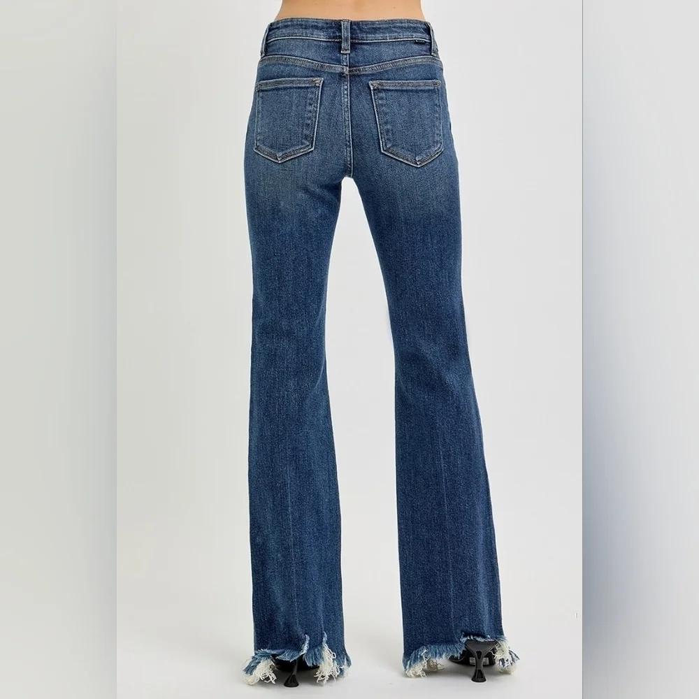 RISEN Mid Rise Dark Wash Flare Jeans Frayed Shredded Hems Retail Various NEW